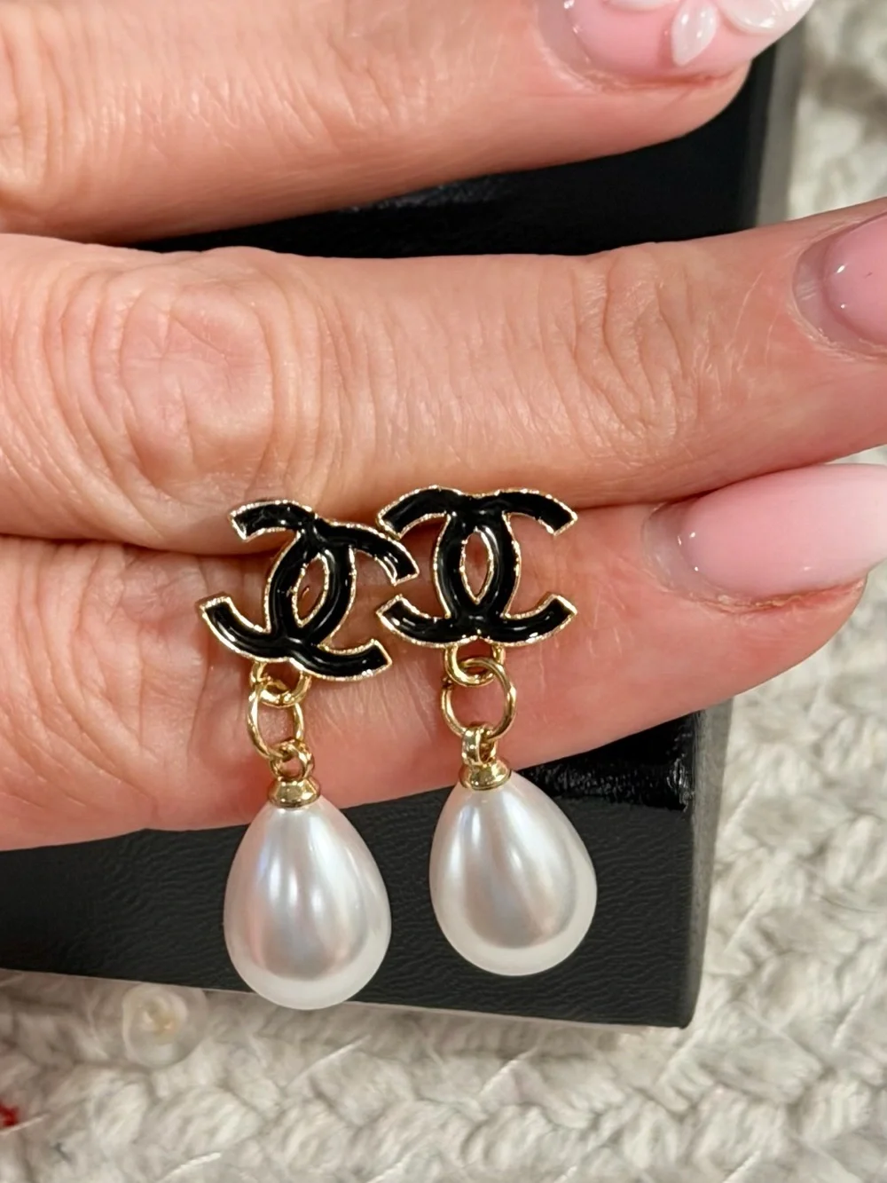 Black Enamel CC Faux Pearl Drop Earrings Gold Tone | New + Mini Storage Box